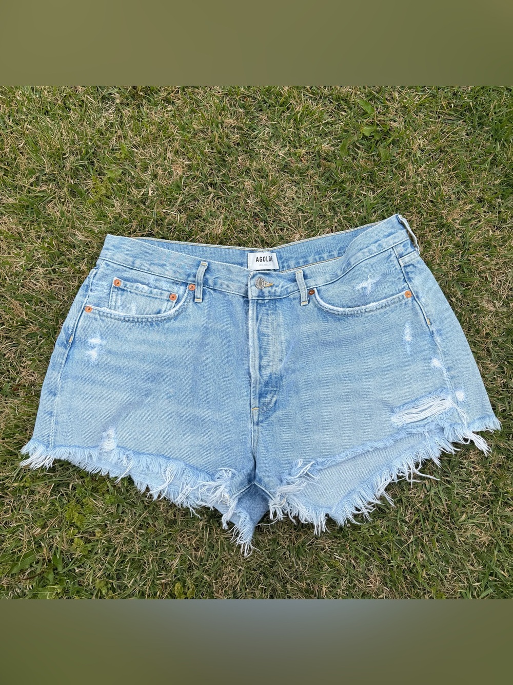 Agolde Parker Light Blue Distressed High-Rise Jean Shorts Size 31